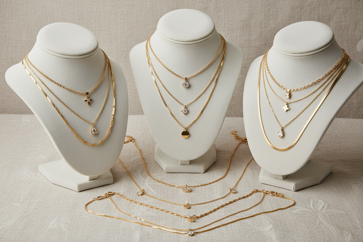 View of a bundle of gold necklaces