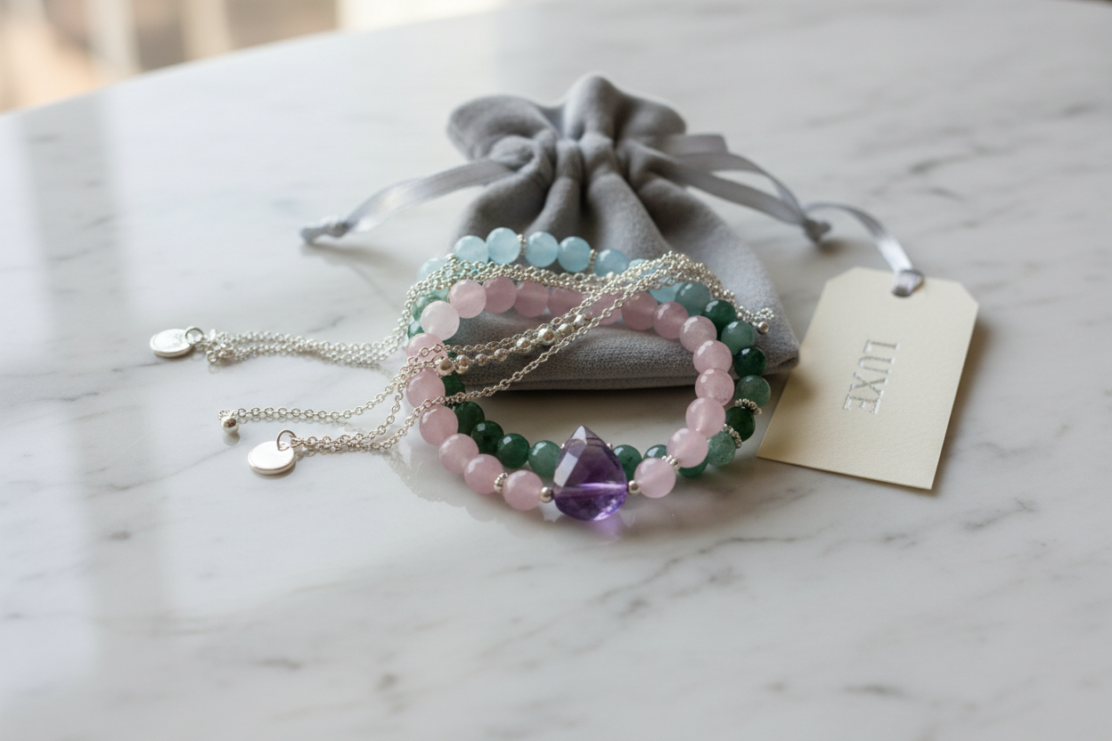 View of a bundle of elasticated and chain bracelets