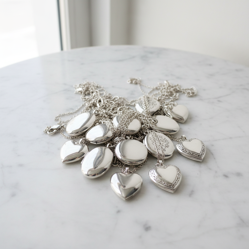 A bundle view of locket silver necklaces