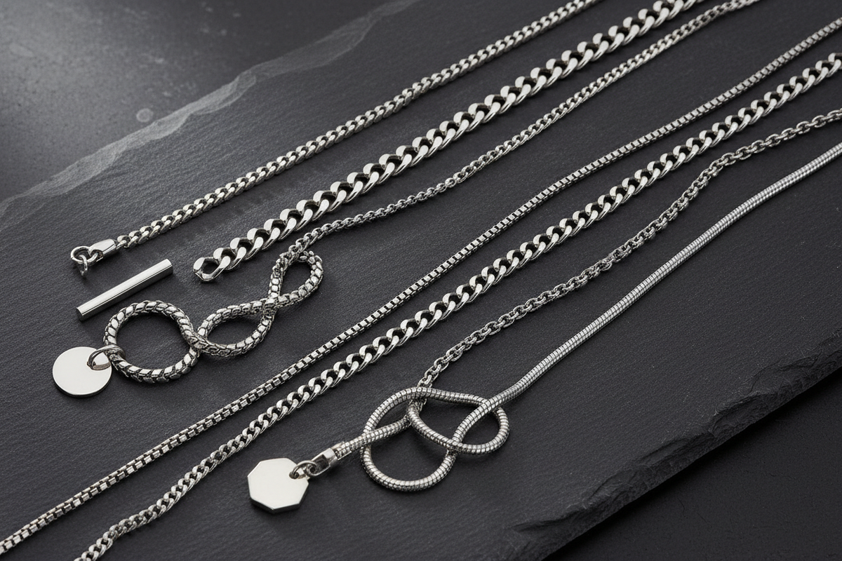A set of silver-toned chain necklaces with various pendant styles, including a curb chain, rope chain, infinity loop, and knot pendant, arranged diagonally on a dark slate background.