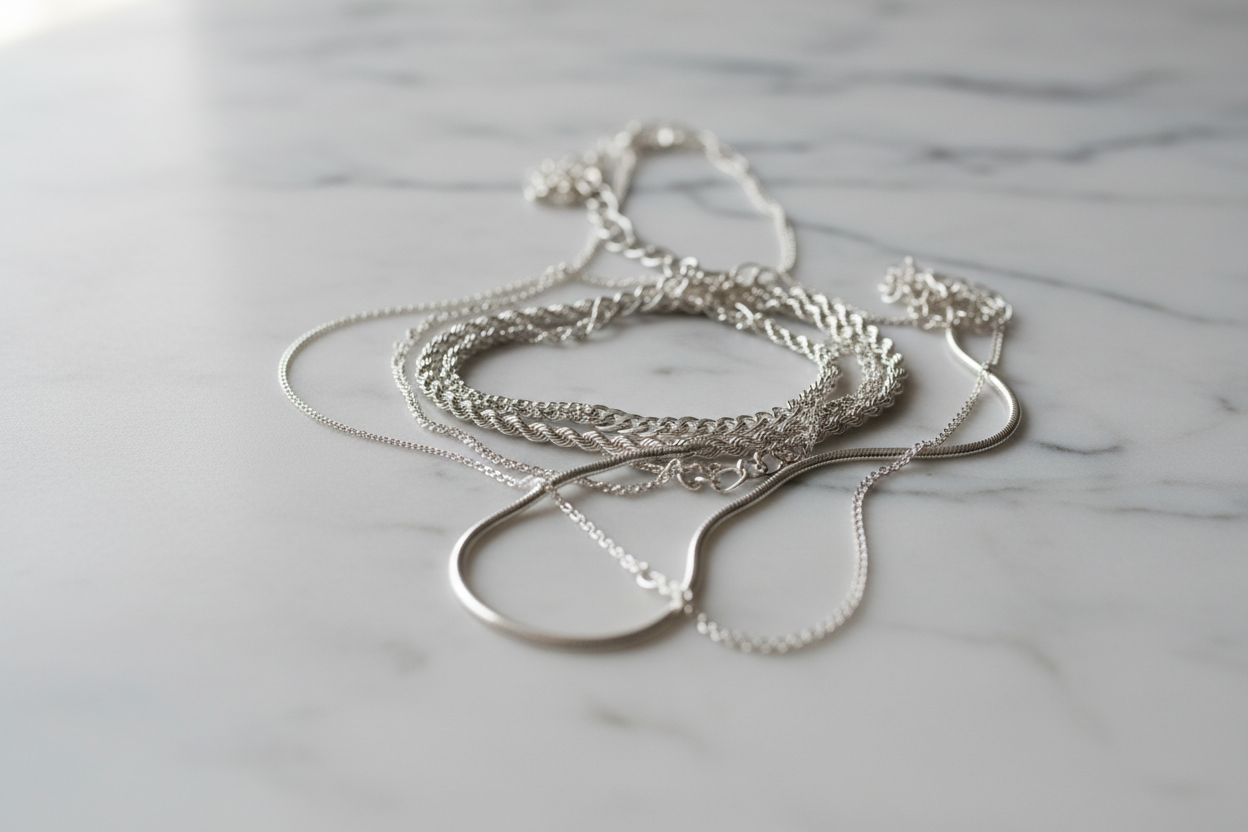 View of a bundle sterling silver necklaces