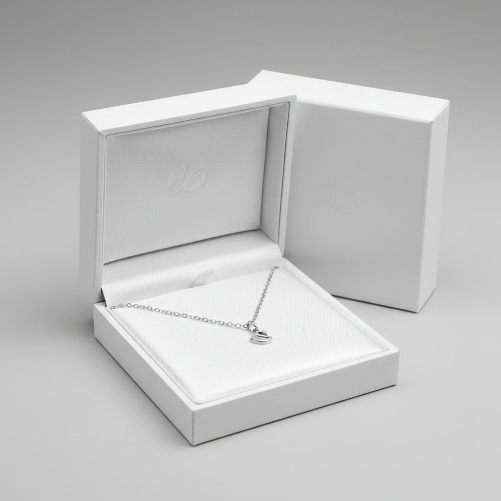 A silver chain necklace with a small s letter pendant displayed in a white gift box.