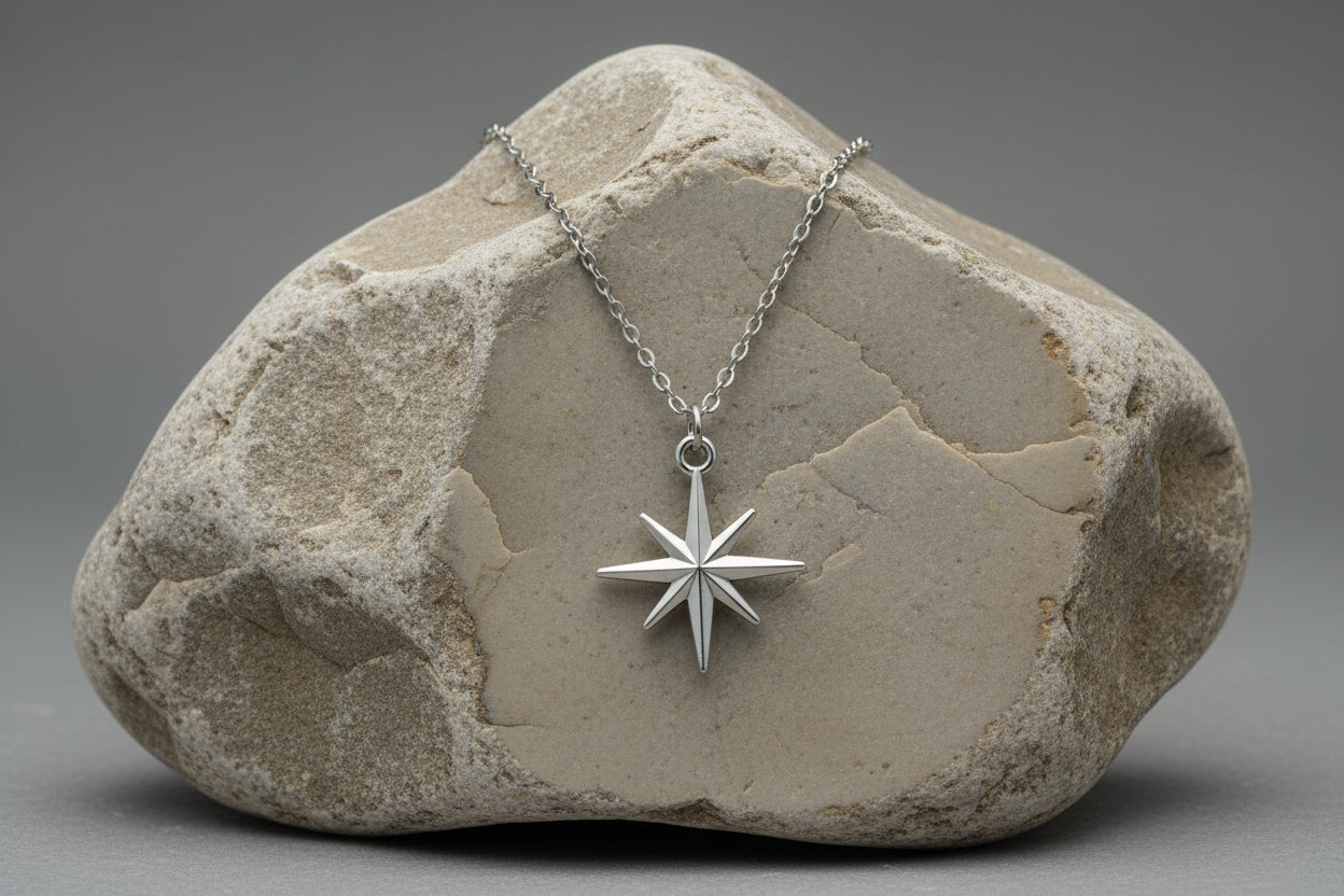 A silver-toned necklace with a multi-pointed compass star pendant, displayed on a white mannequin bust.