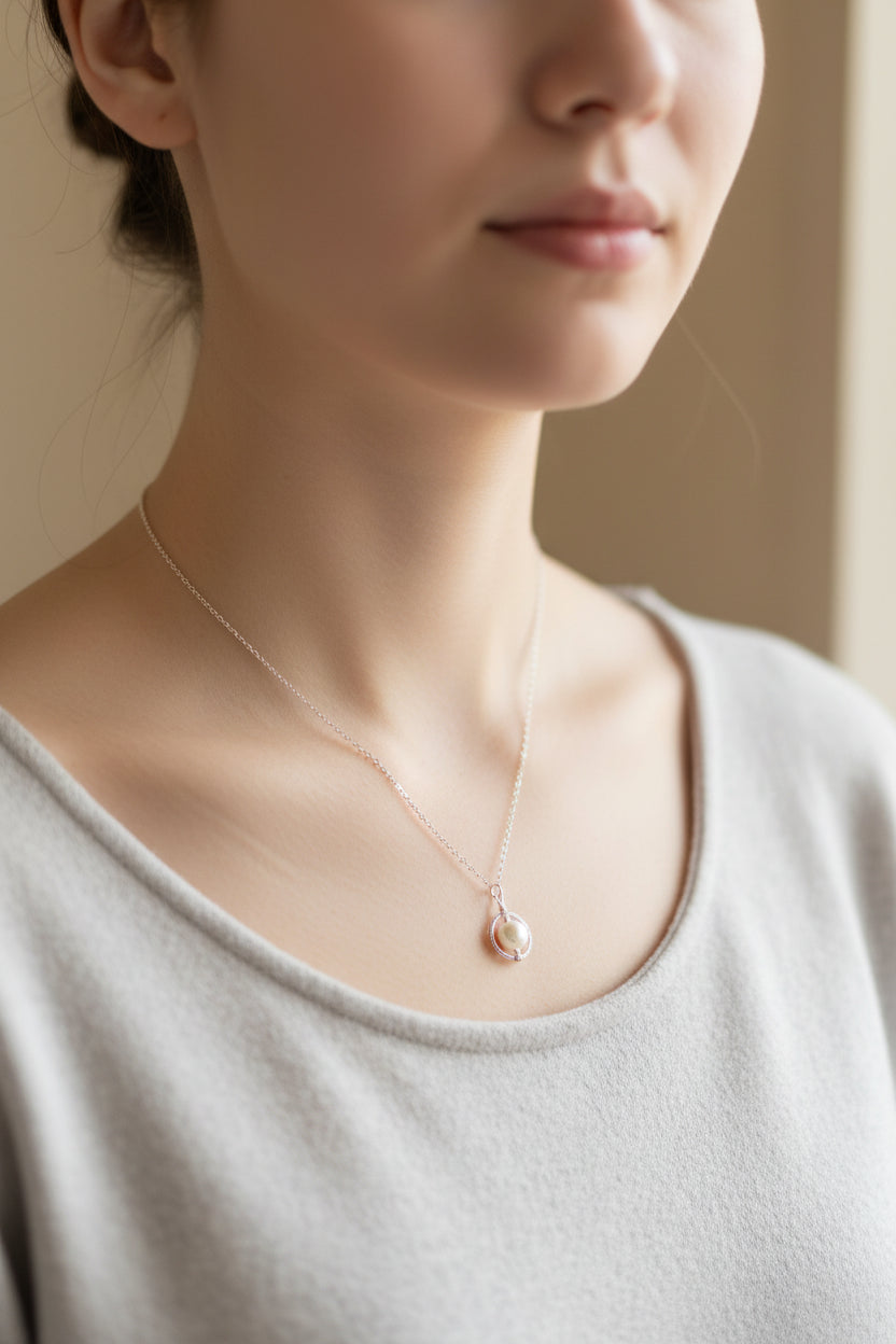 A silver chain necklace with a circular pendant featuring a white pearl-like center, displayed on a model.