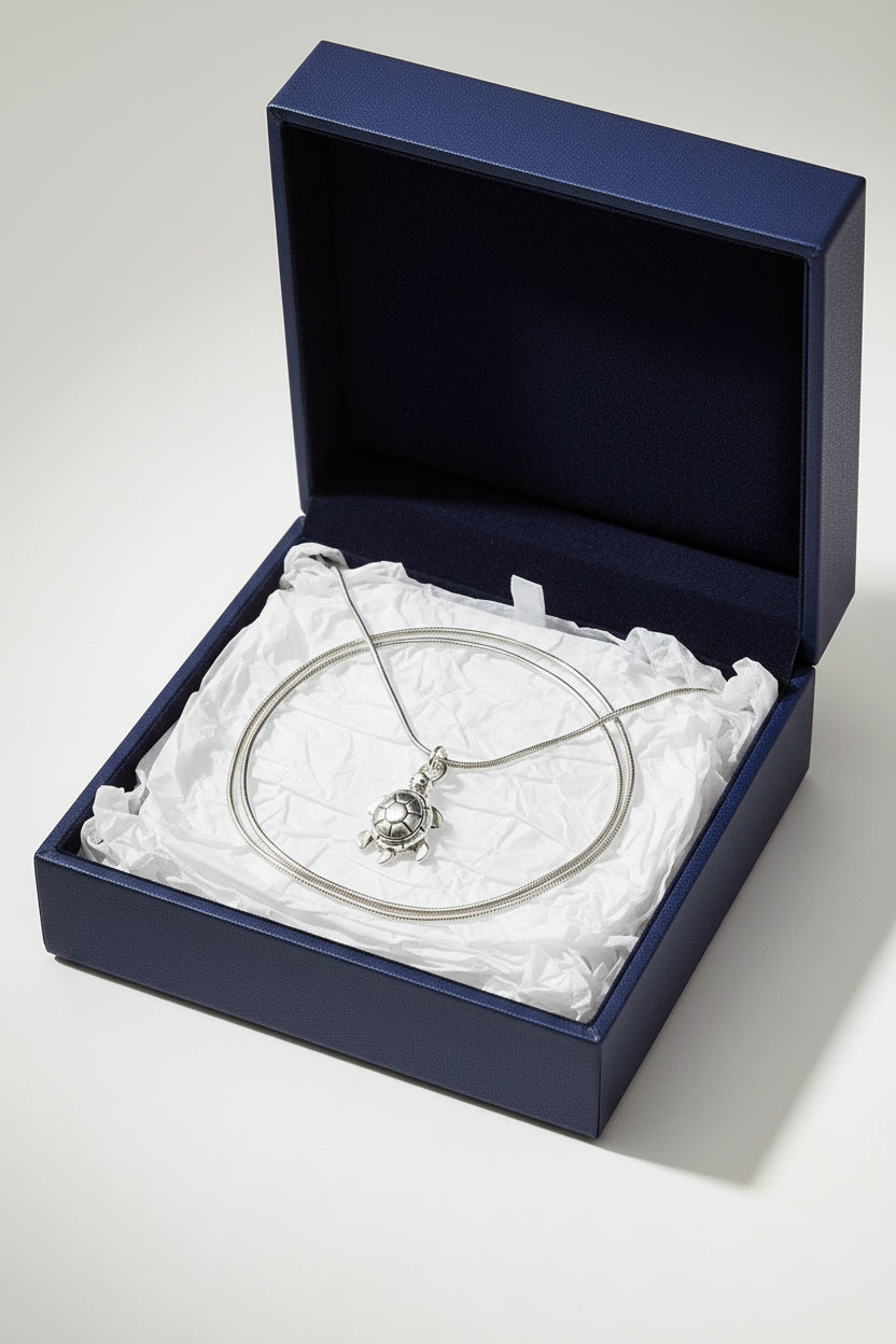 A silver-toned snake chain necklace with a small turtle pendant, displayed in a large blue gift box.