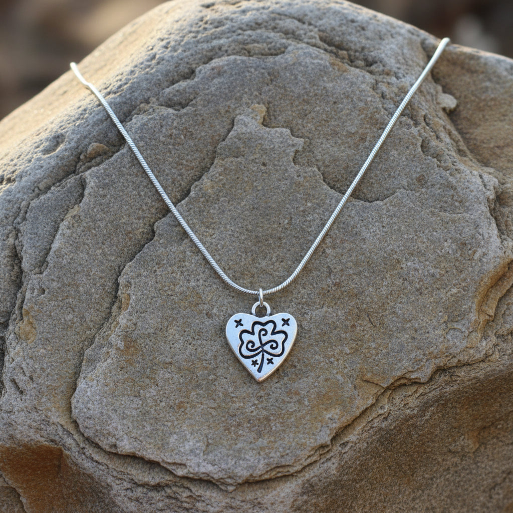 Silver necklace with a heart-shaped pendant on a large stone.