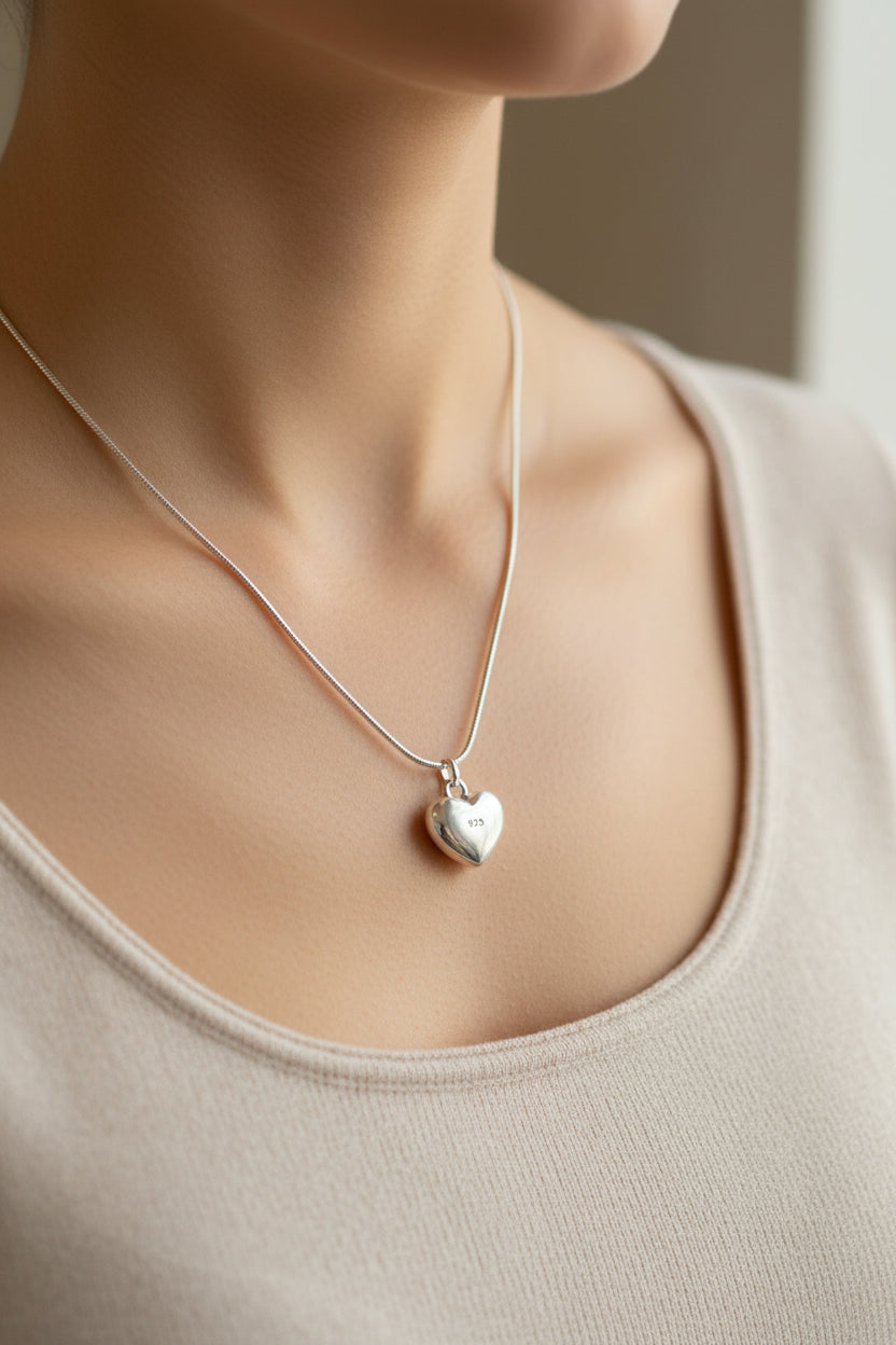 Silver necklace with a heart pendant on a model