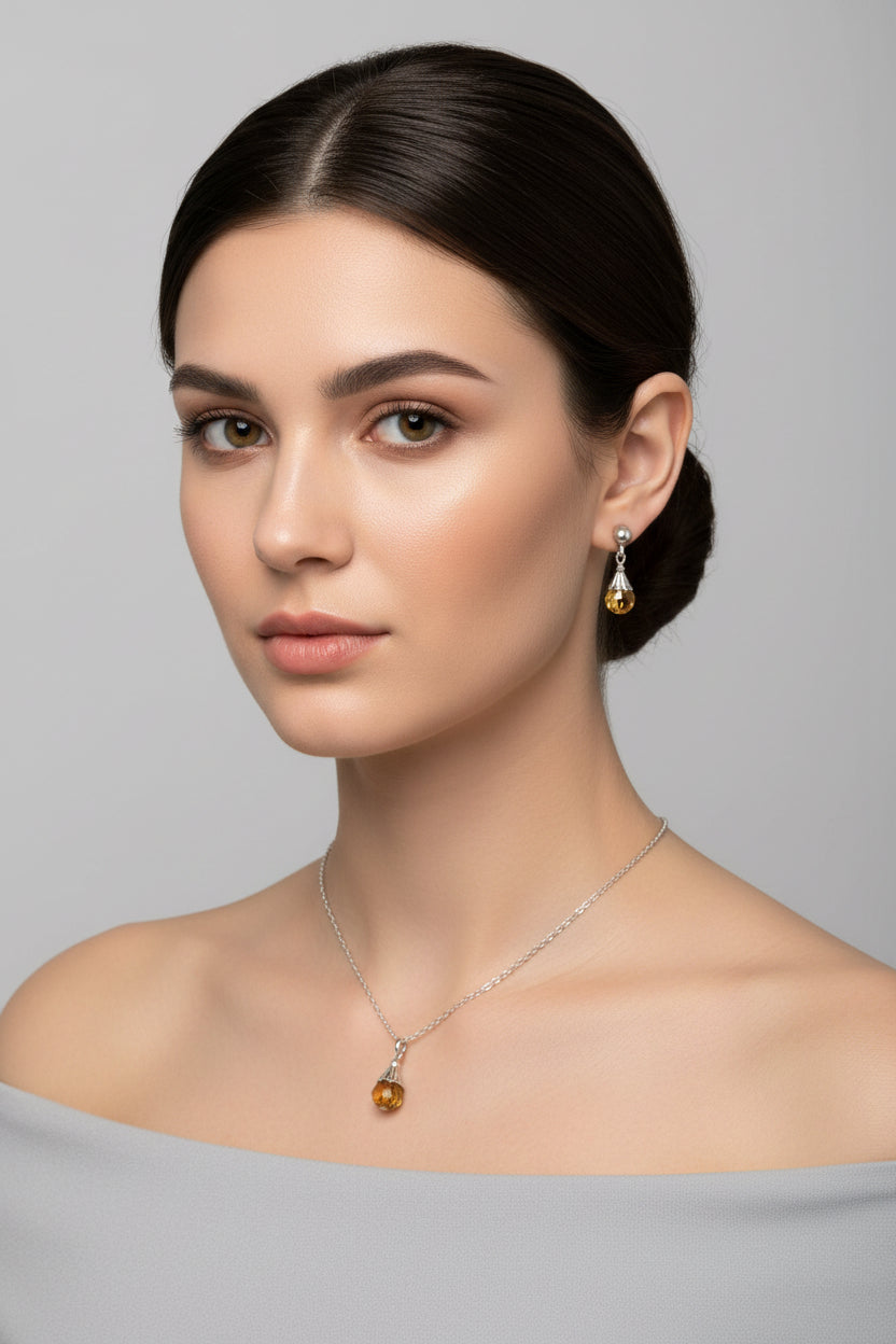 Jewelry set with necklace and earrings on a model