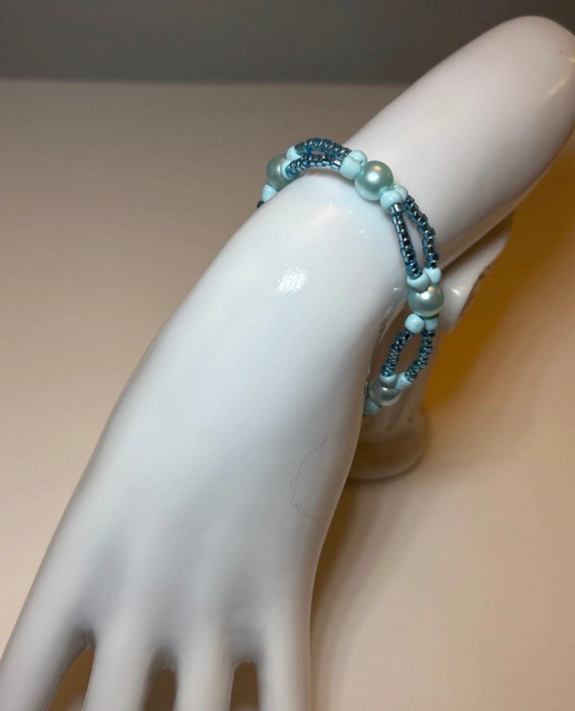 Handmade elasticated double strand bracelet in baby blue glass pearl by Majestic Gems by Sarah