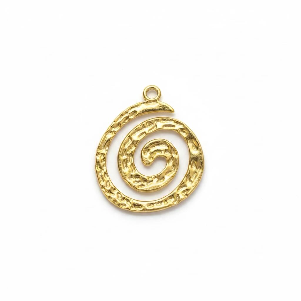 Back view of gold spiral pendant on a white background 
