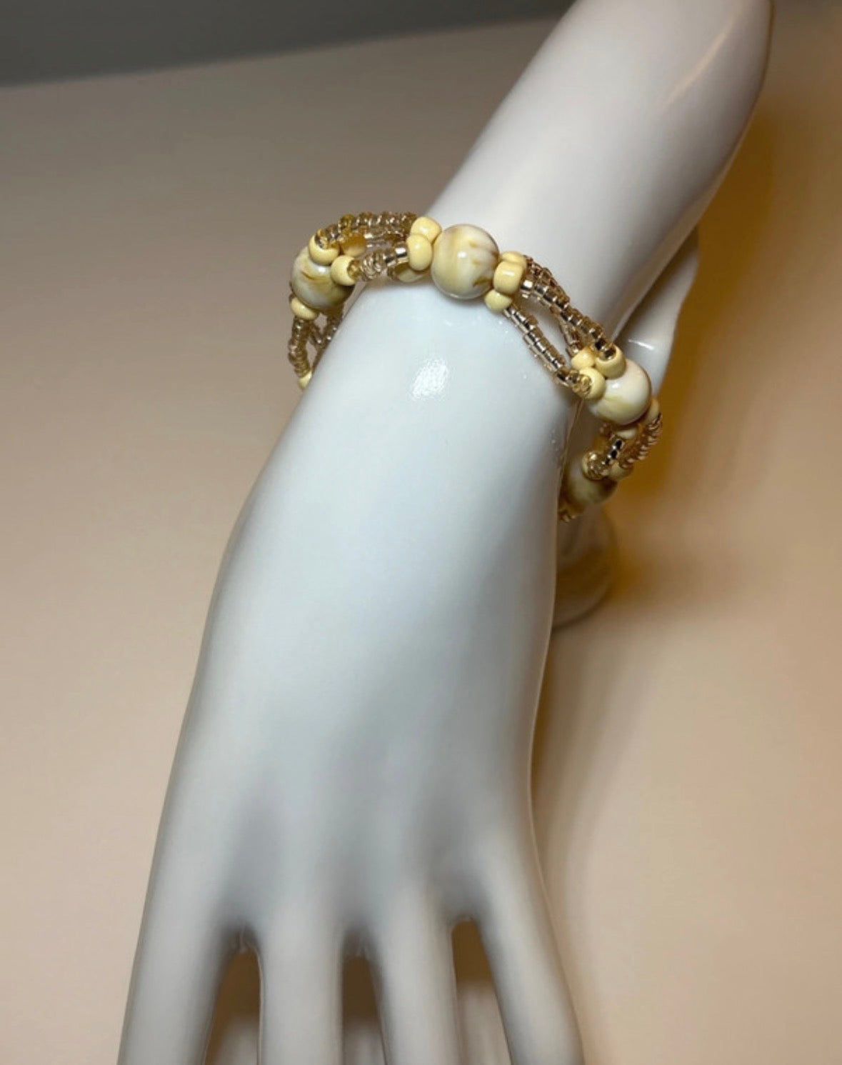 Handmade elasticated double strand bracelet in beige/brown acrylic bead by Majestic Gems by Sarah
