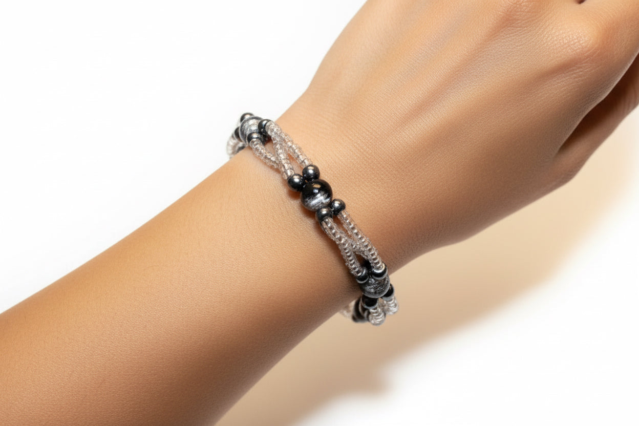 Handmade elasticated double strand bracelet in black/clear acrylic bead by Majestic Gems by Sarah