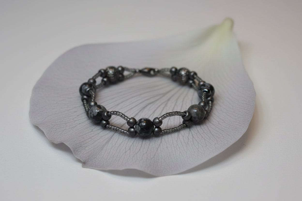 Handmade elasticated double strand bracelet in black/grey marbles stone by Majestic Gems by Sarah