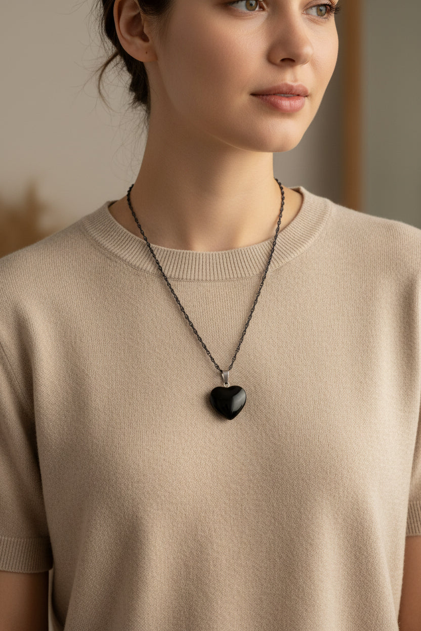 Black heart-shaped pendant necklace on a model