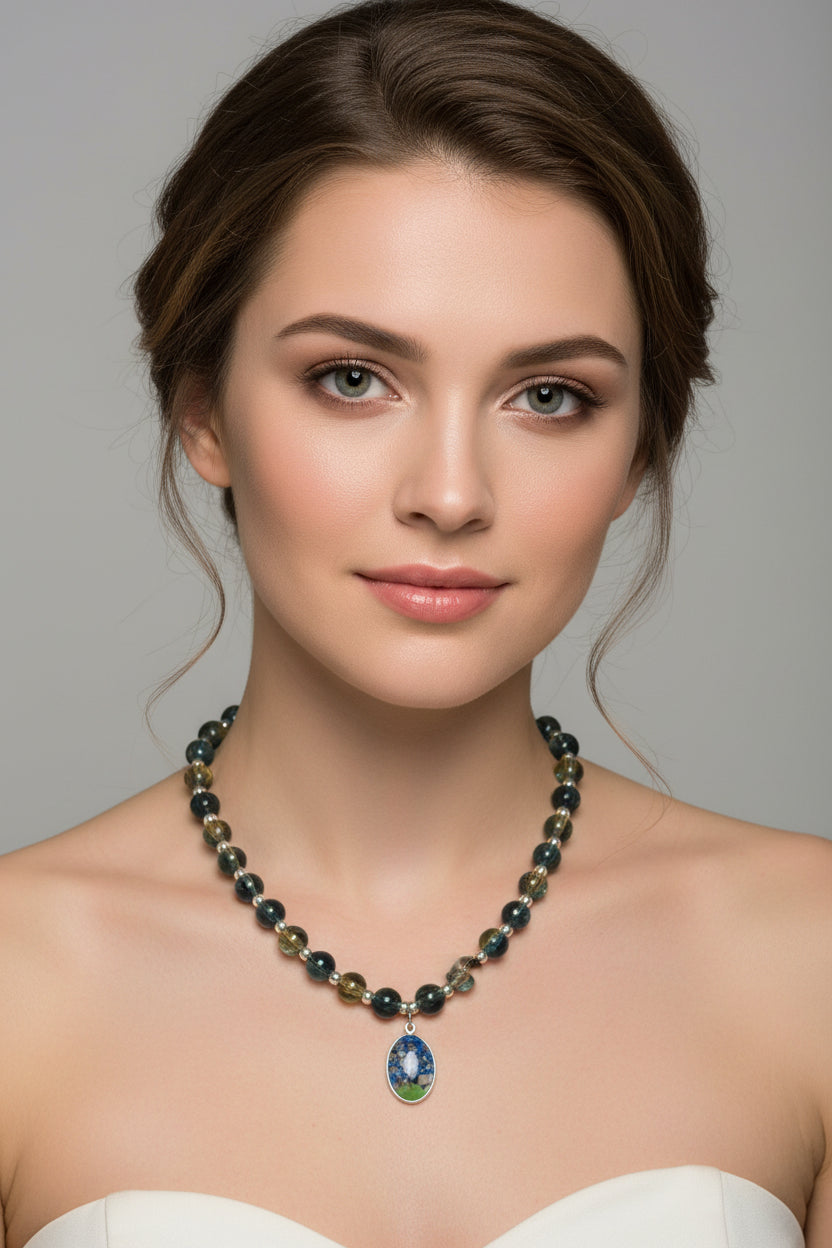 Necklace with blue & yellow pearls on a model