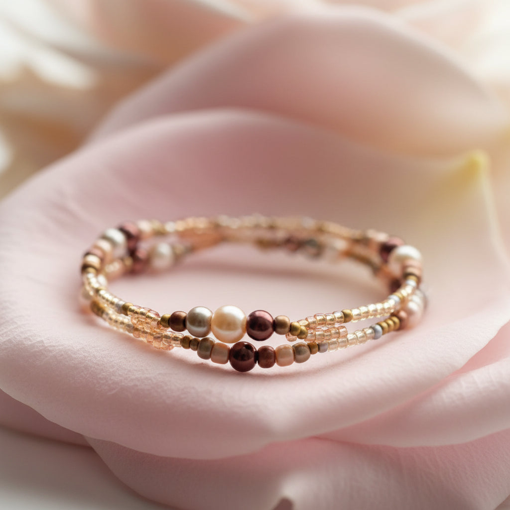 Beaded triple brown/beige bracelet set on a pink petal