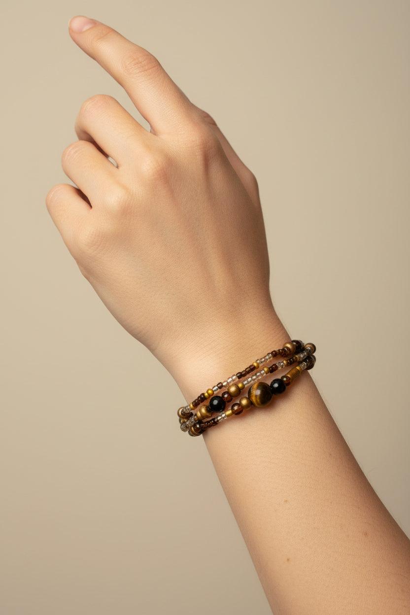 Tiger bead brown beaded bracelet on a model