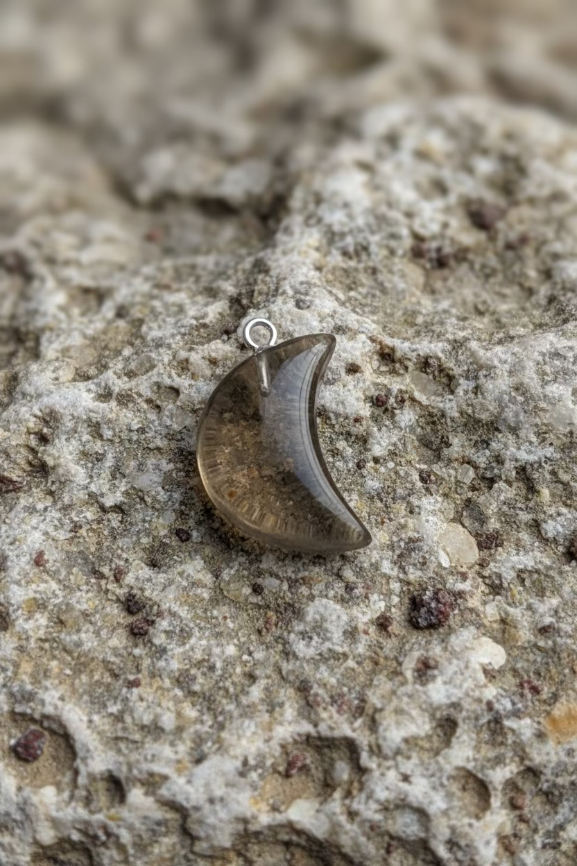 Crescent moon-shaped pendant with speckled pattern on a light gray background