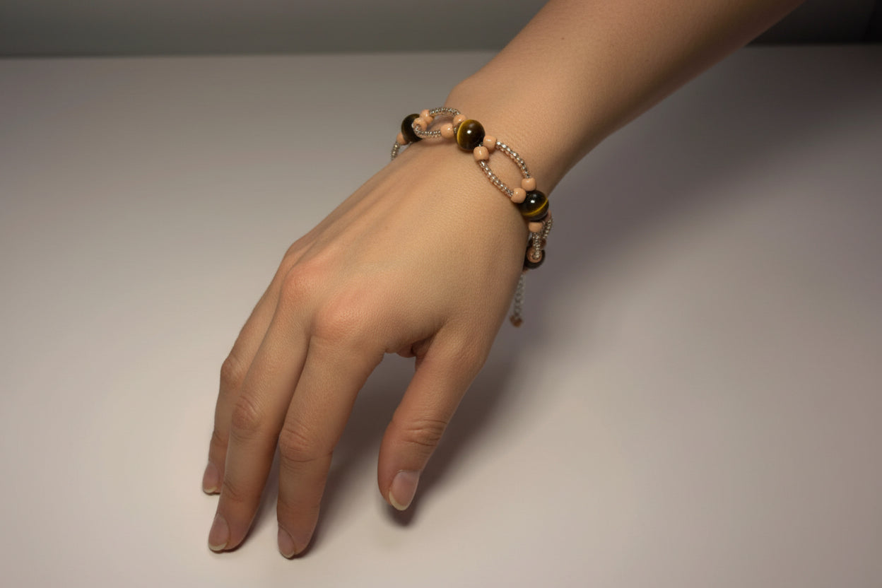 Handmade elasticated double strand bracelet in brown glass tiger bead by Majestic Gems by Sarah