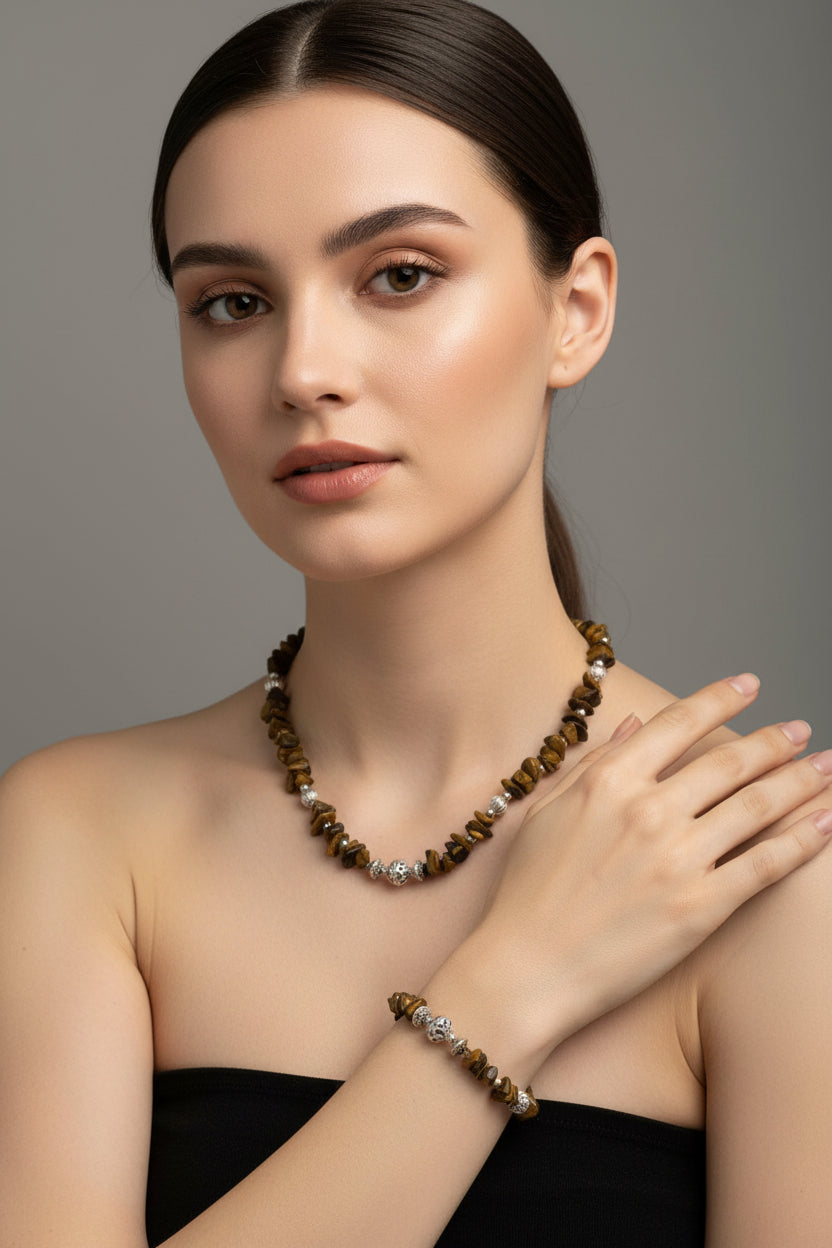 Brown necklace and bracelet set on a model