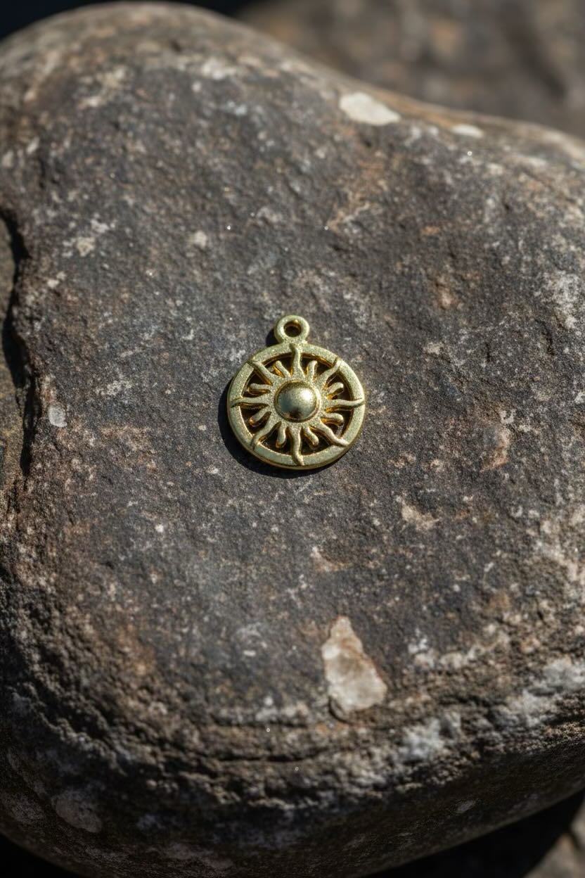 A small round bronze-toned pendant or charm with a sunburst design and central bead, resting on a textured dark rock.