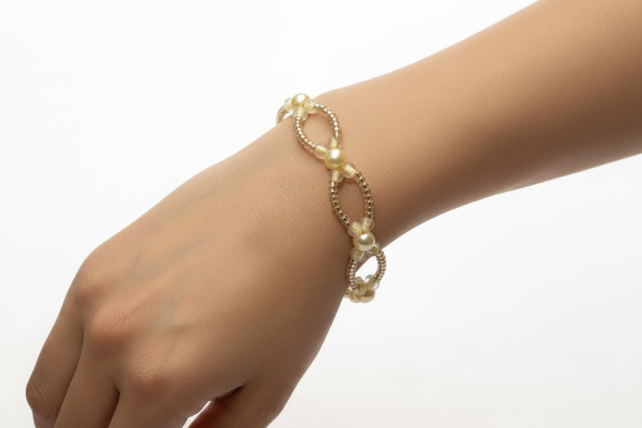 Handmade elasticated double strand bracelet in cream acrylic pearl by Majestic Gems by Sarah