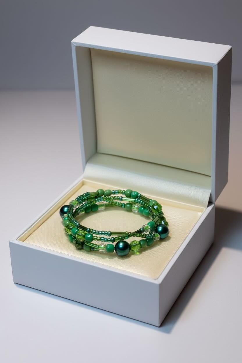 Green beaded bracelets in an open white box on a gray background