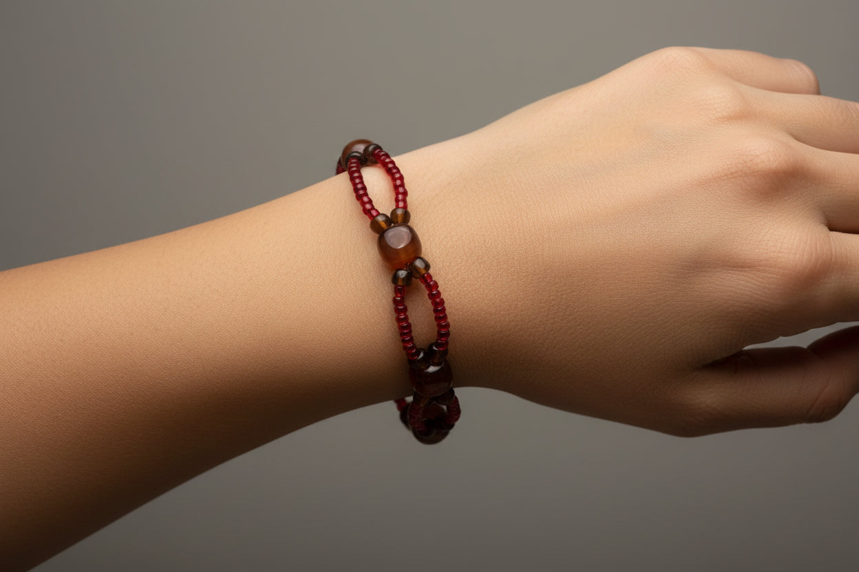 Handmade elasticated double strand bracelet in dark red square stone by Majestic Gems by Sarah