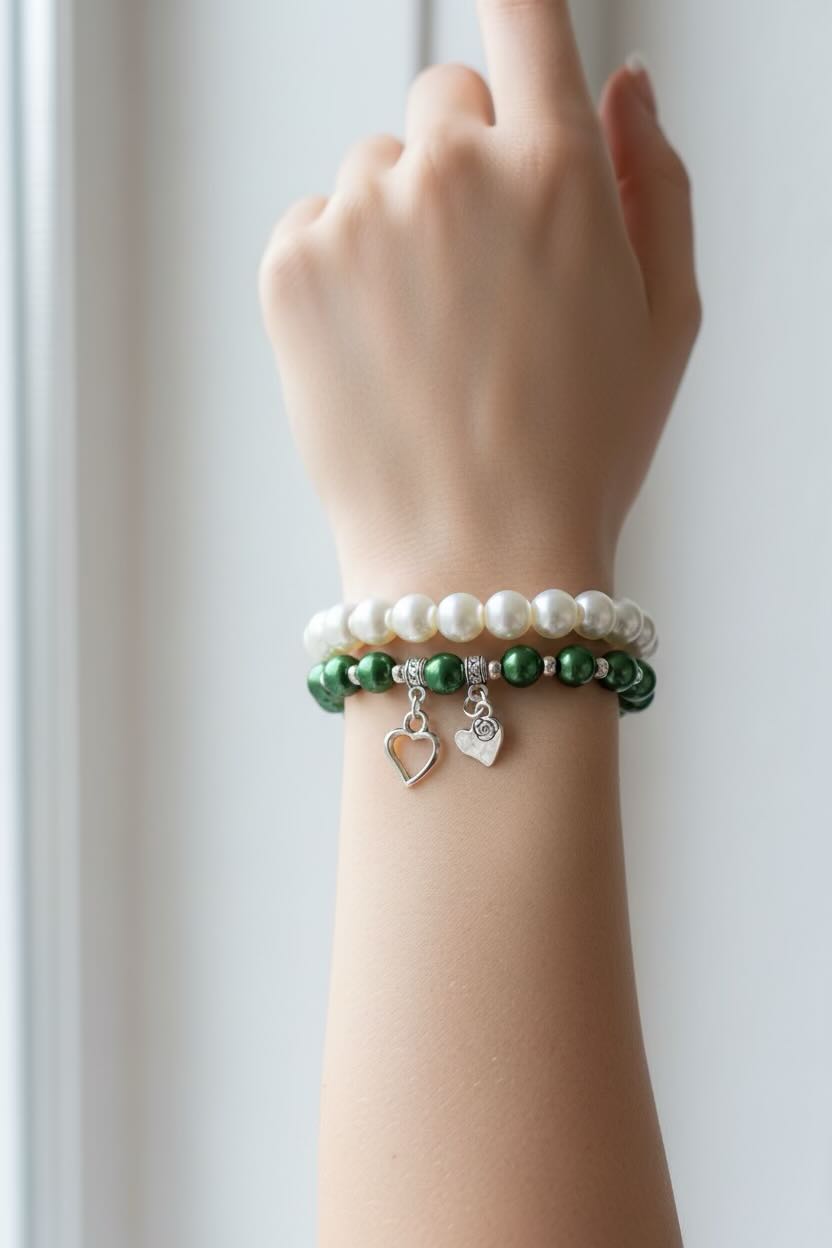 Double green and white pearl bracelet set on a model's arm
