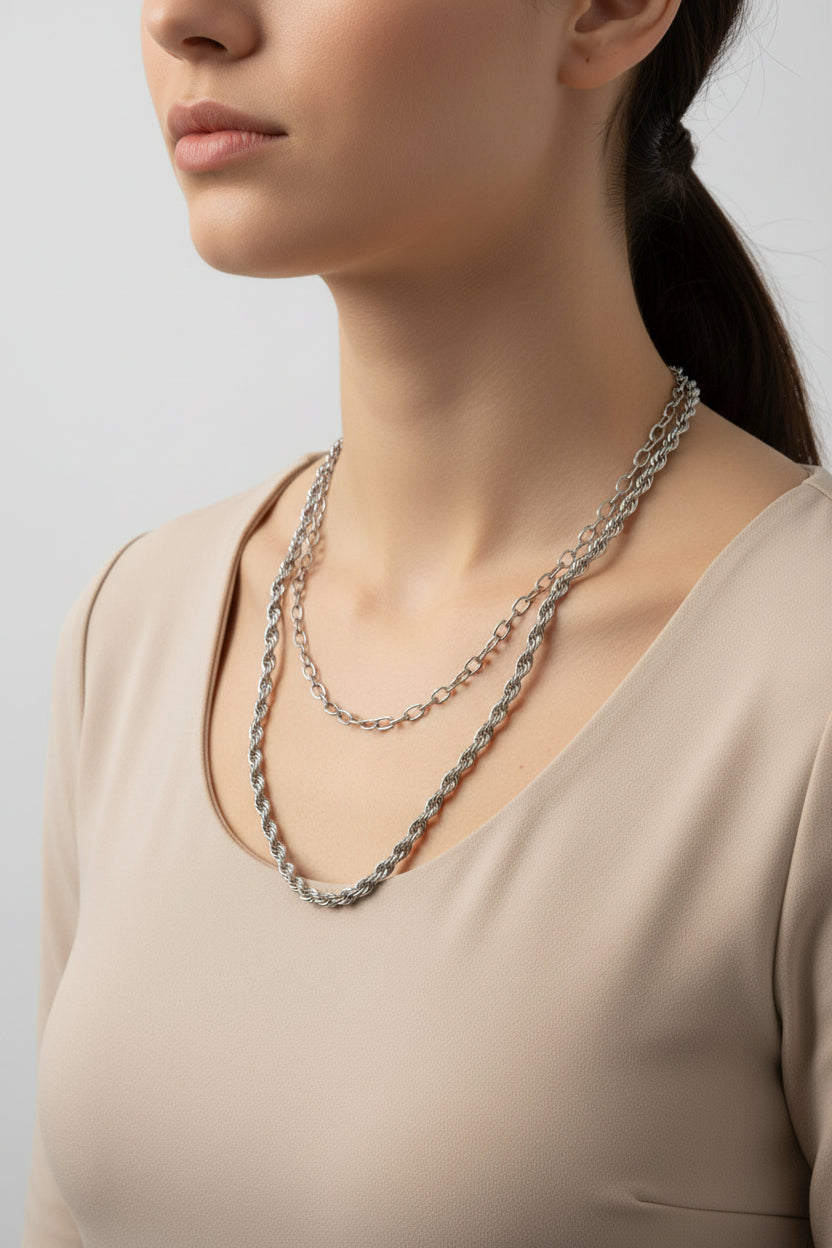 Silver chain necklace on a model