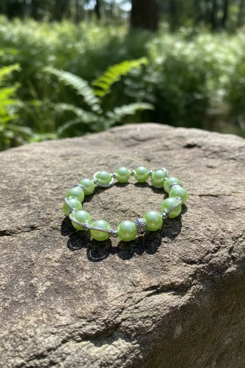 A beaded stretch bracelet made of mint green pearls with silver spacer details, resting on a textured gray rock with a blurred green forest background.