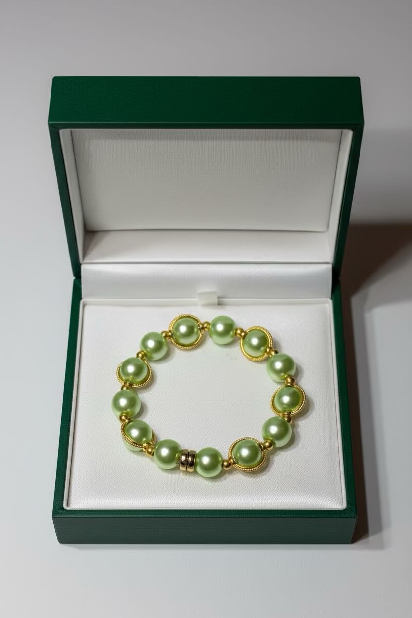 A mint green and gold pearl bracelet displayed inside an open dark green jewelry box with a white interior.
