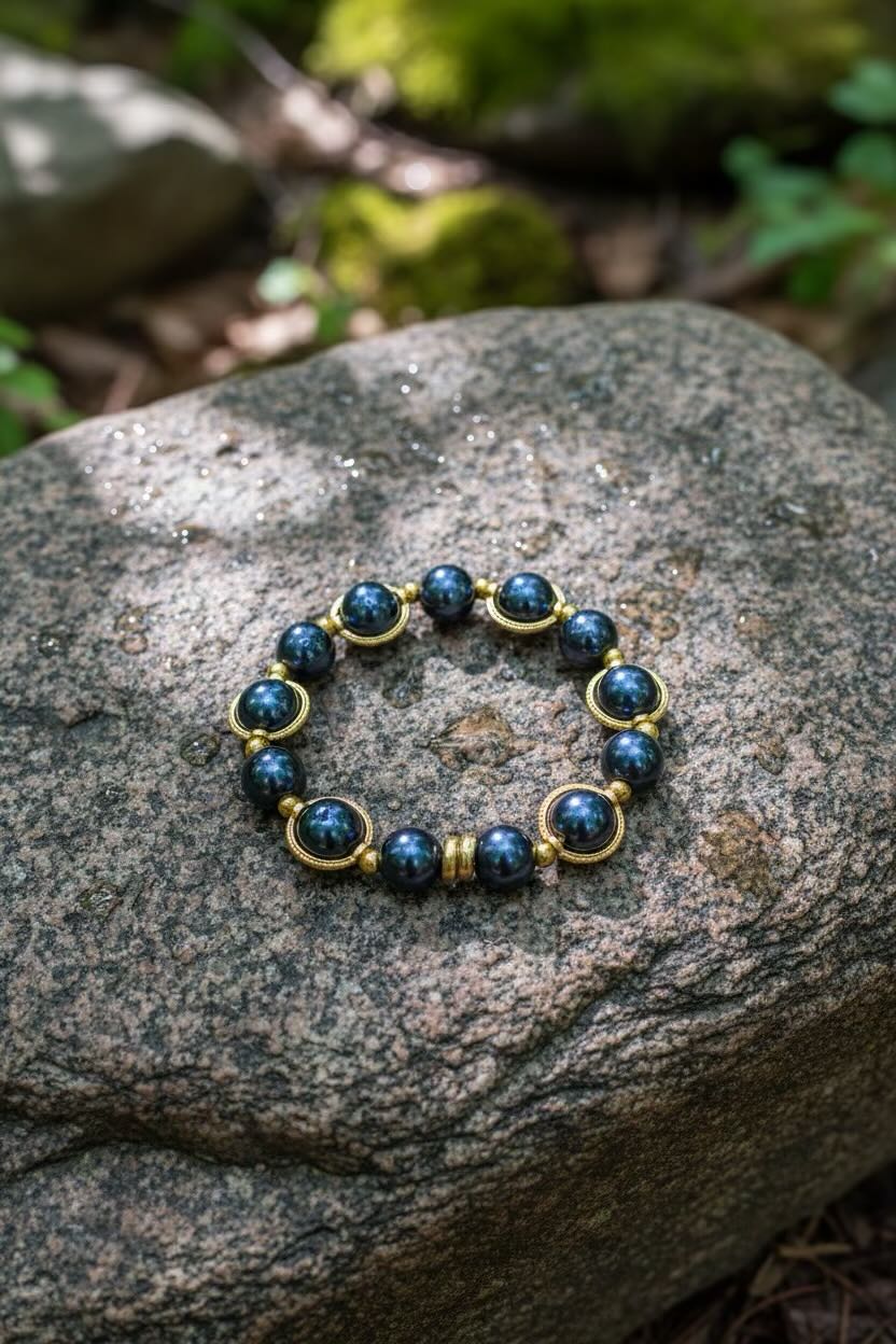 A beaded stretch bracelet made of steel blue glass pearls and gold spacer rings, resting on a textured gray rock with a blurred green forest background.