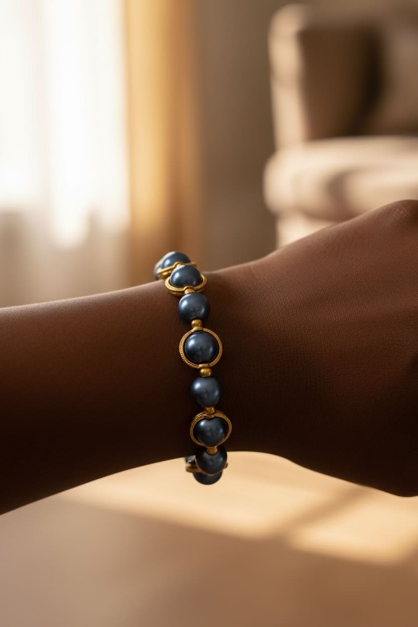 A close-up of a teal blue glass pearl bracelet with gold-toned circular accents worn on a person's wrist, set against a softly blurred indoor background.