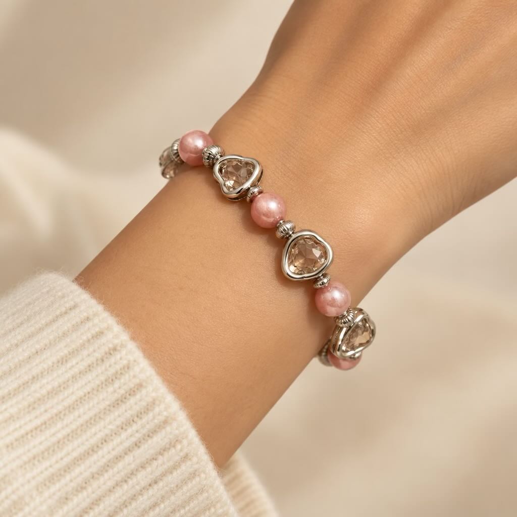 Elasticated Bracelet with Glass Pearls Encased in Multi Style Charms