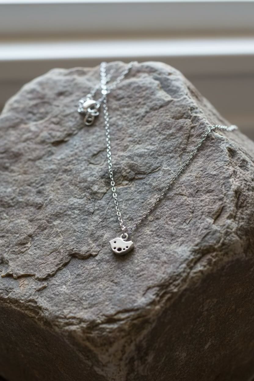 Silver necklace with heart pendants on a stone surface