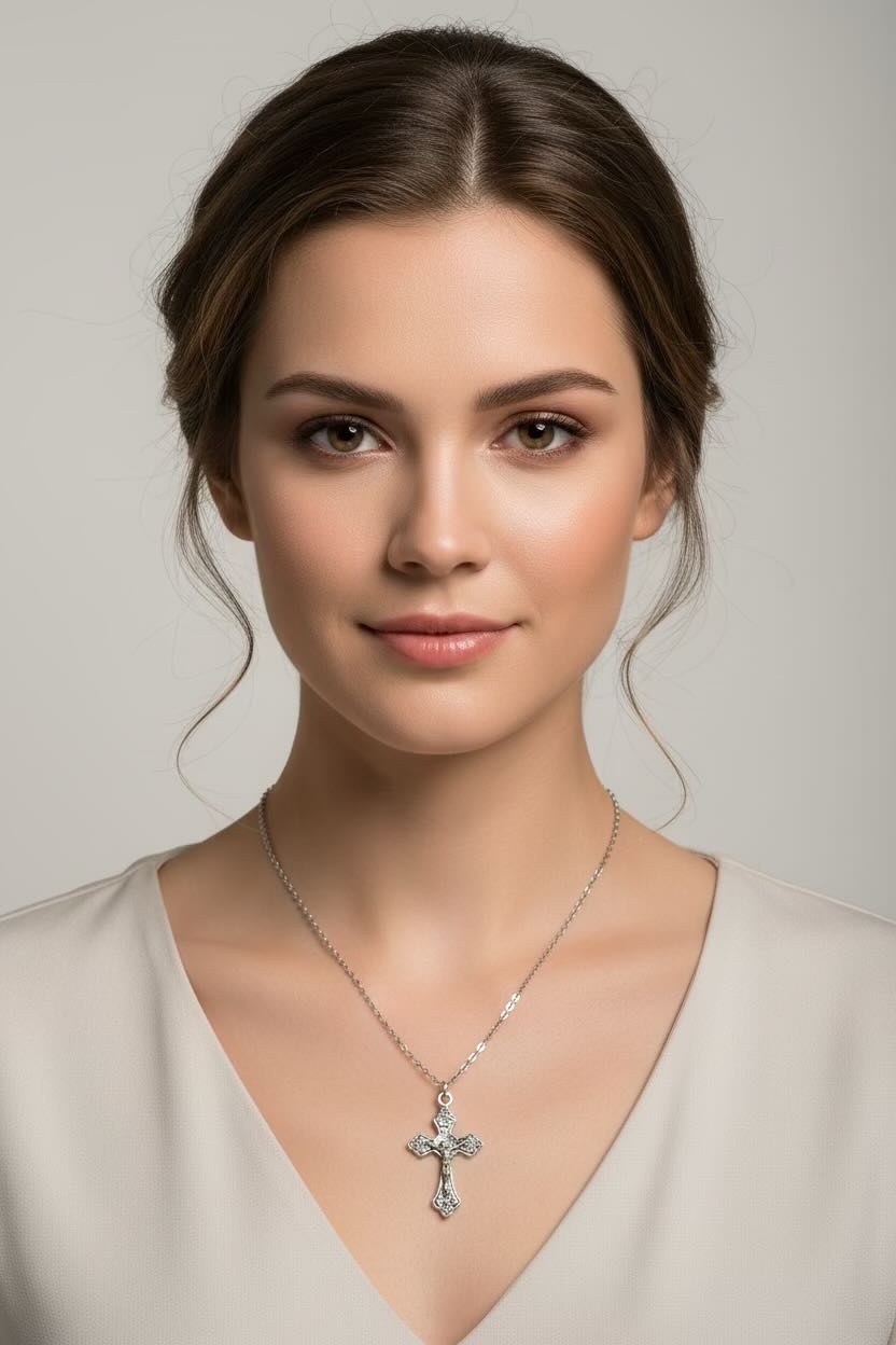 Silver necklace with a cross pendant worn by a person in a white outfit.