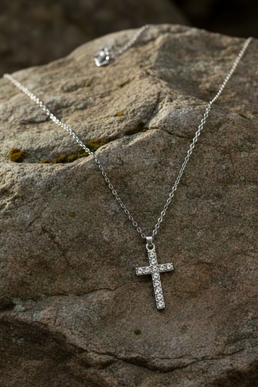 Silver necklace with a cross pendant on a large stone