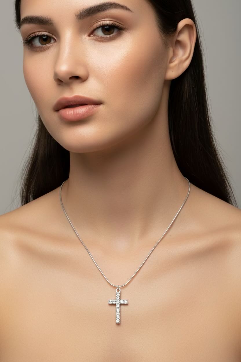 Silver necklace with a cross pendant worn by a person 