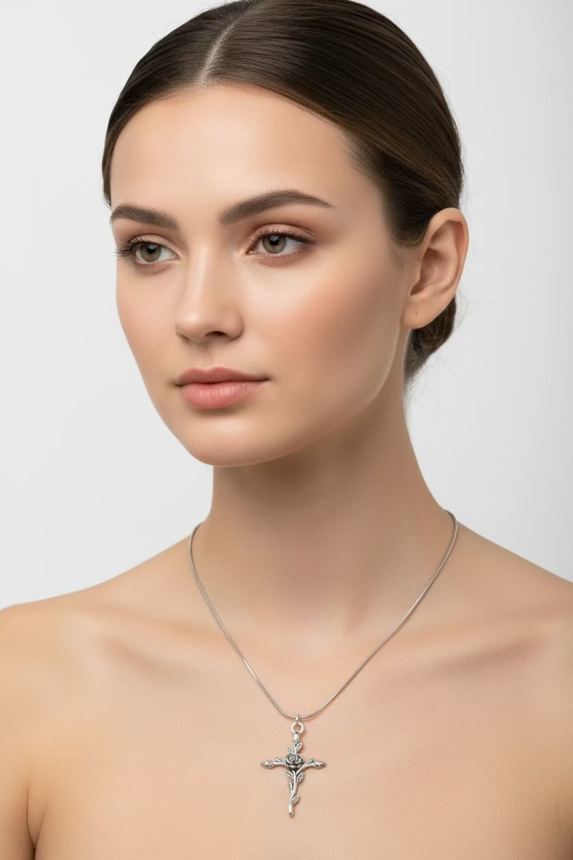 Woman wearing a silver necklace with a cross pendant on a white background
