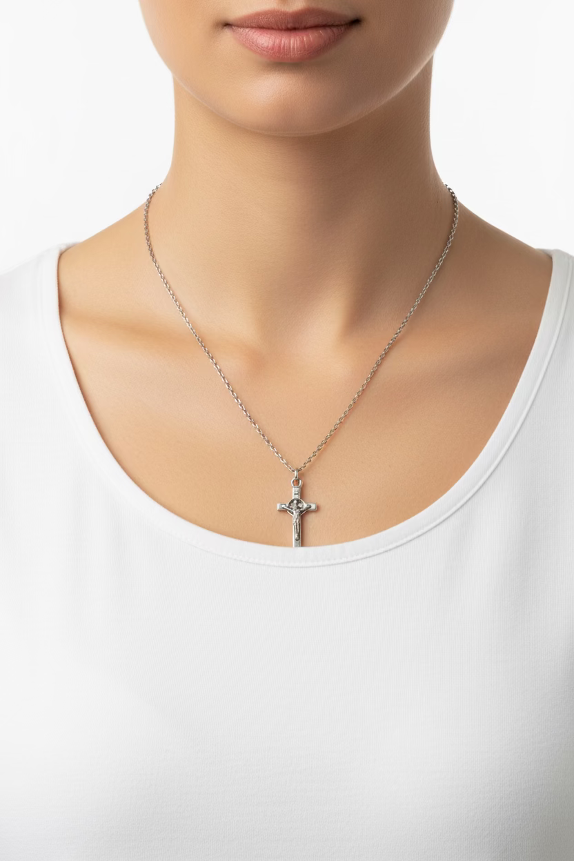 Necklace with a cross pendant on a model