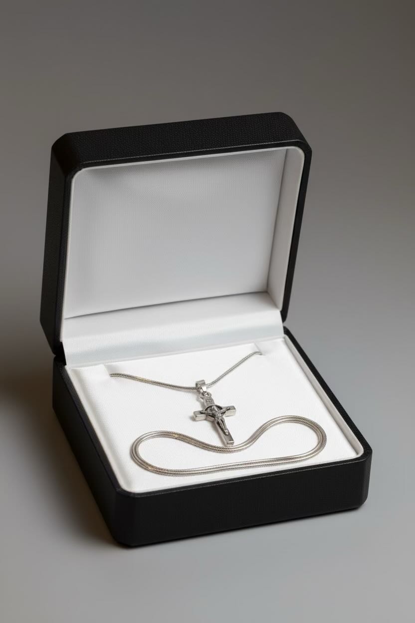 Silver necklace with a cross pendant in a black gift box