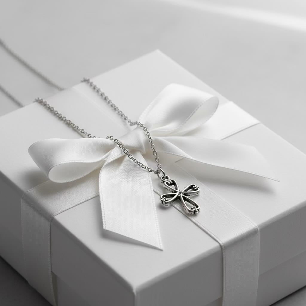 Silver necklace with a cross pendant on a white gift box
