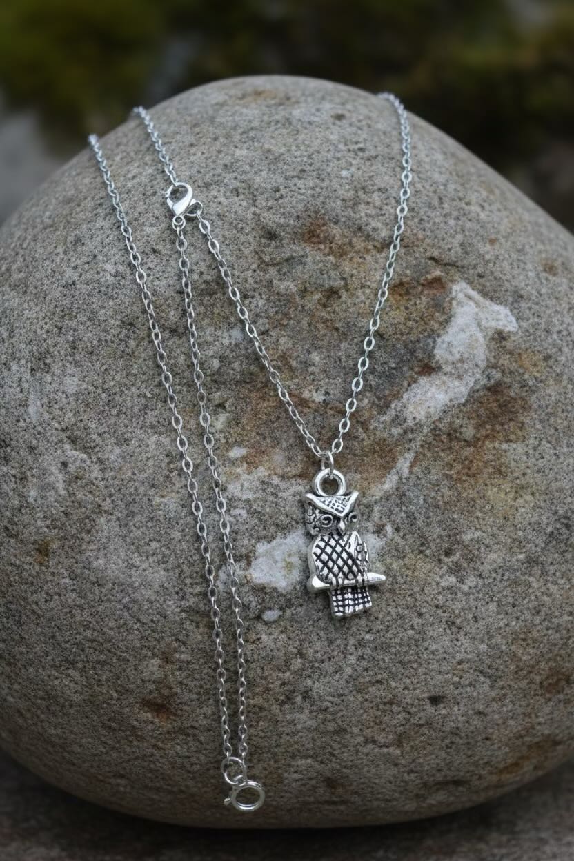 Silver owl necklace on a stone surface