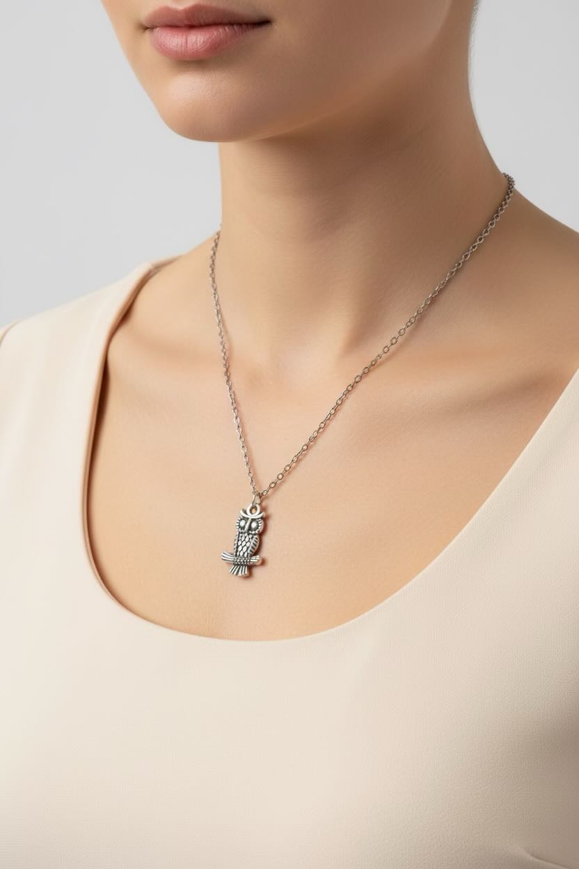 Necklace with an owl pendant worn by a person in a beige top on a light background