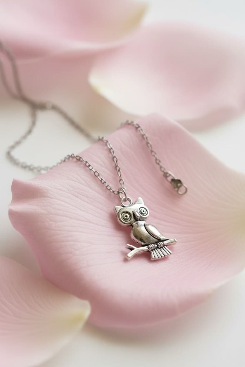 Silver owl necklace on pink petals