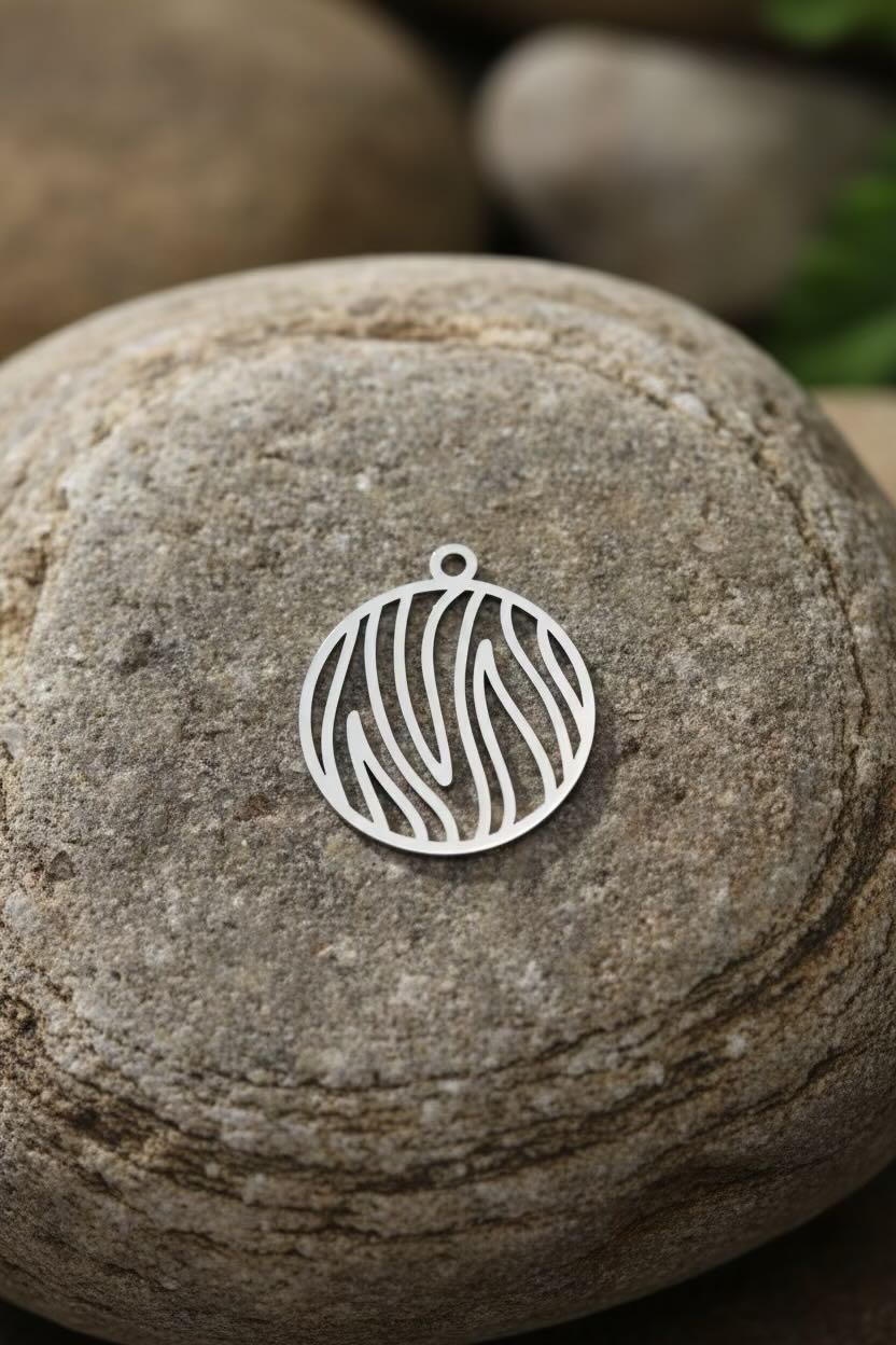 A silver circular pendant with a flame line pattern, resting on a smooth gray stone with a blurred natural background.