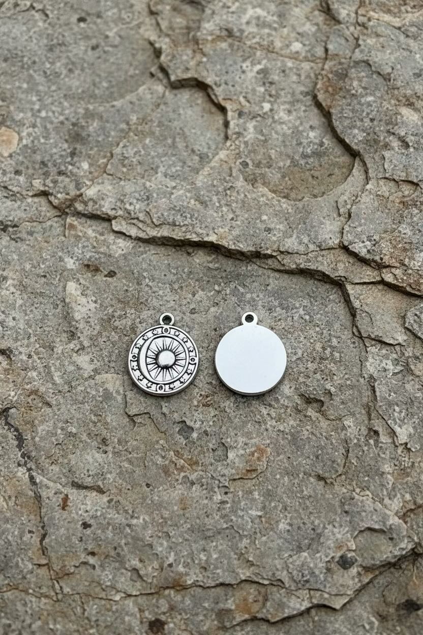 Two round silver charms, one engraved with a compass design and one plain blank, displayed on a textured gray stone surface.