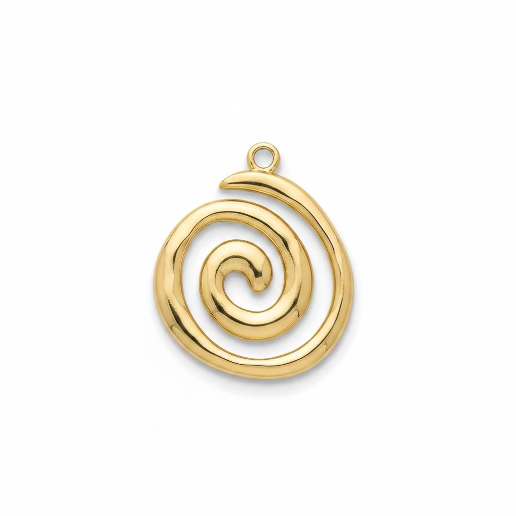 Front view of gold spiral pendant on a white background