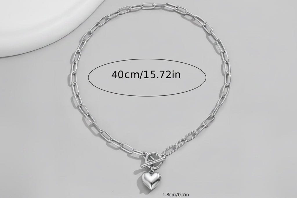 Full view of square chain heart necklace with measurements  